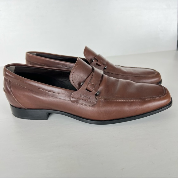 TOD’s Men Brown CrissCross Band Leather w Side Bars ClassIc Penny Loafer Sz 10 - Picture 2 of 15